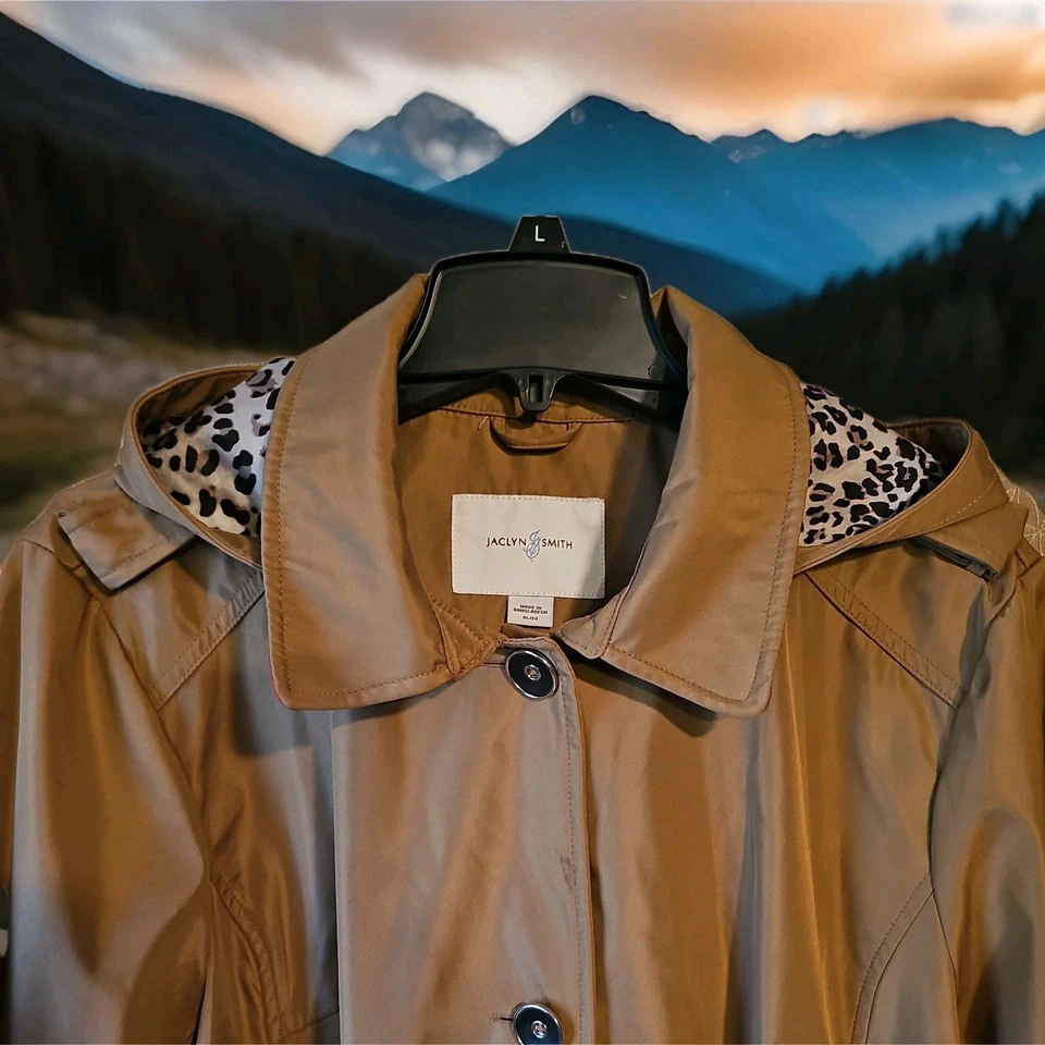 Abrigo Jaclyn Smith De Colección Años 90 Tostado Todo Clima - Capucha Forrada Estampado Leopardo Talla X L Foto 2 de 4