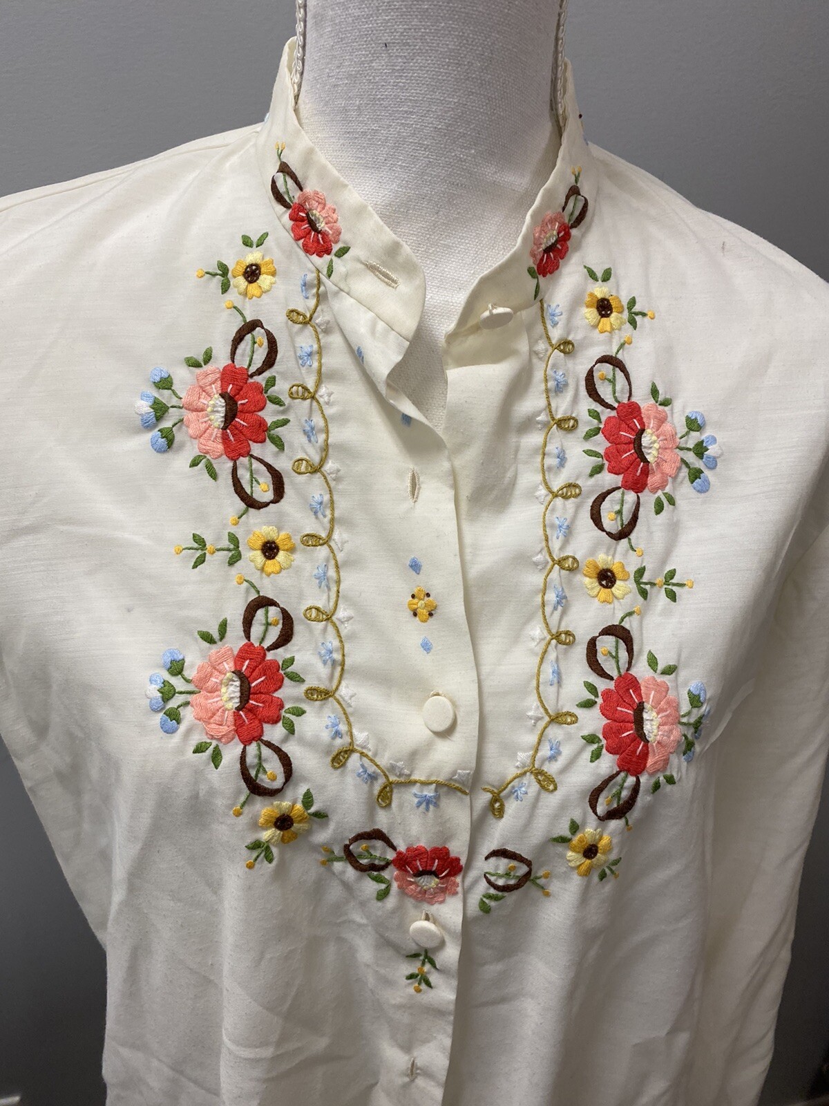 Vintage Hand Embroidered Blouse Sheer Lily Flowers Gem