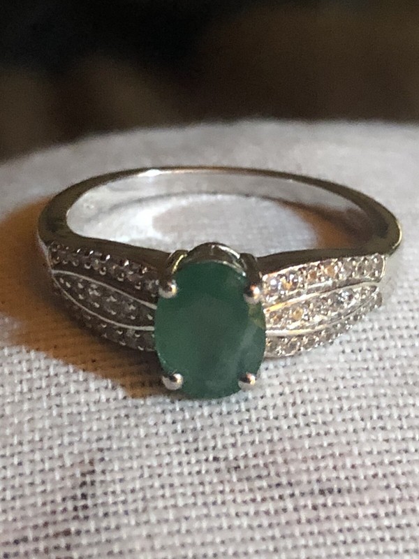 Emerald and Natural White Zircon Ring, size 7, Platinum over Sterling Silver 
