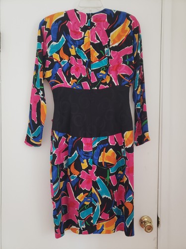AJ BARI Silk Dress VTG 80s Art To Wear Cocktail Abstract Floral Surplice - Picture 14 of 16