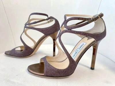 JIMMY CHOO Sandales Talon Mules Escarpins Femme 37 Pailleté Bronze Brun Foncé - Photo 1/4