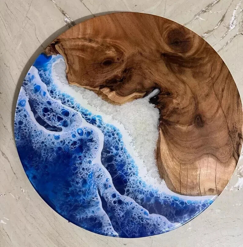Blue Ocean Wave Epoxy Resin Modern Art Acacia Wooden Side Coffee Table Top Decor