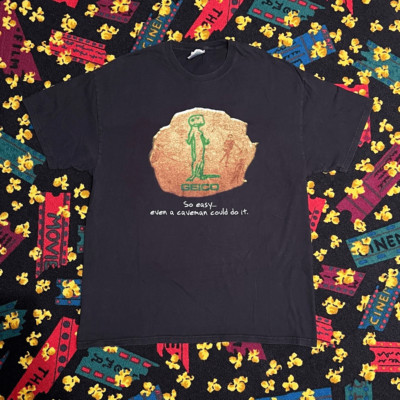 VTG Geico Gecko Caveman Painting Funny Black Graphic Tee Shirt / Size XL
