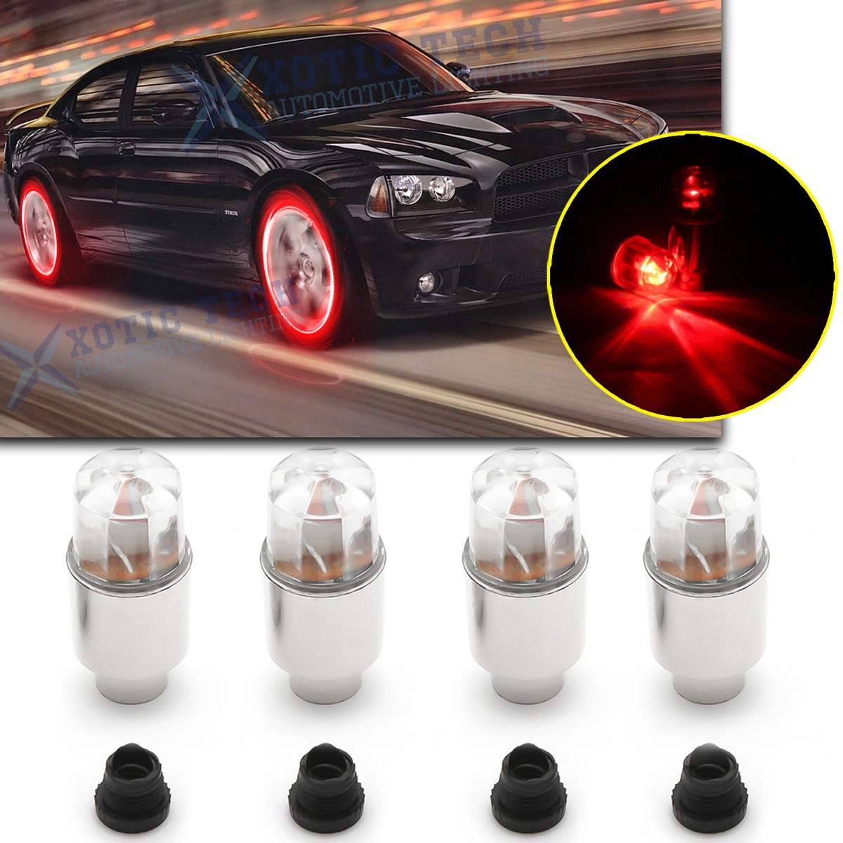 Sporty Red LED Wheel Tyre Air Valve Stem Light For Dodge Charger
