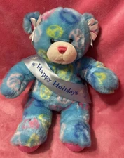 Build A Bear PEACE 16" Plush Bear With Satin White Hair Bows & Holiday Sash