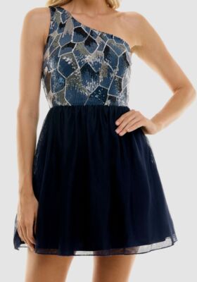 Bcx Women's Juniors' Blue Sequin One-Shoulder Mesh-Skirt Dress Size XS