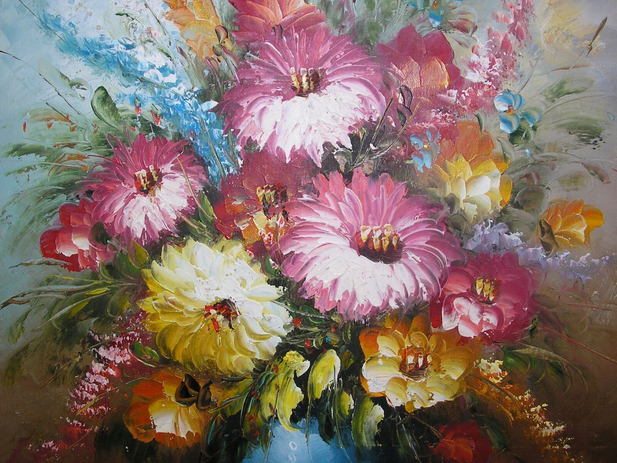 Still Life Oil Painting Art Flowers in Vase Floral Bouquet