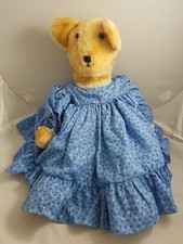 Vintage 1970s Plush Stuffed Blonde Teddy Bear in Blue Calico Dress Petticoat 26"