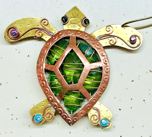 Sea Turtle Ornament Copper & Gold Tone Metal Gems Beads 4 X 4.5" - Picture 1 of 3