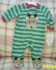 CARTER'S CHRISTMAS BABY BLANKET SLEEPER GREEN STRIPE REINDEER SIZE 3 MONTHS NEW
