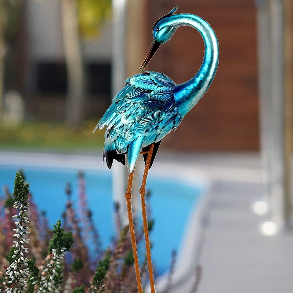 Estatuas de jardín de metal al aire libre garza azul escultura patio arte decoración de aves grandes Foto 3 de 4