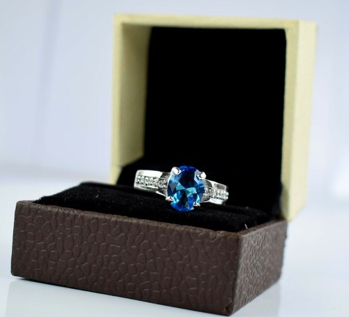 Oval 3.50 Ct Natural Swiss Blue Topaz 925 Sterling Silver Anniversary Ring - Picture 8 of 12