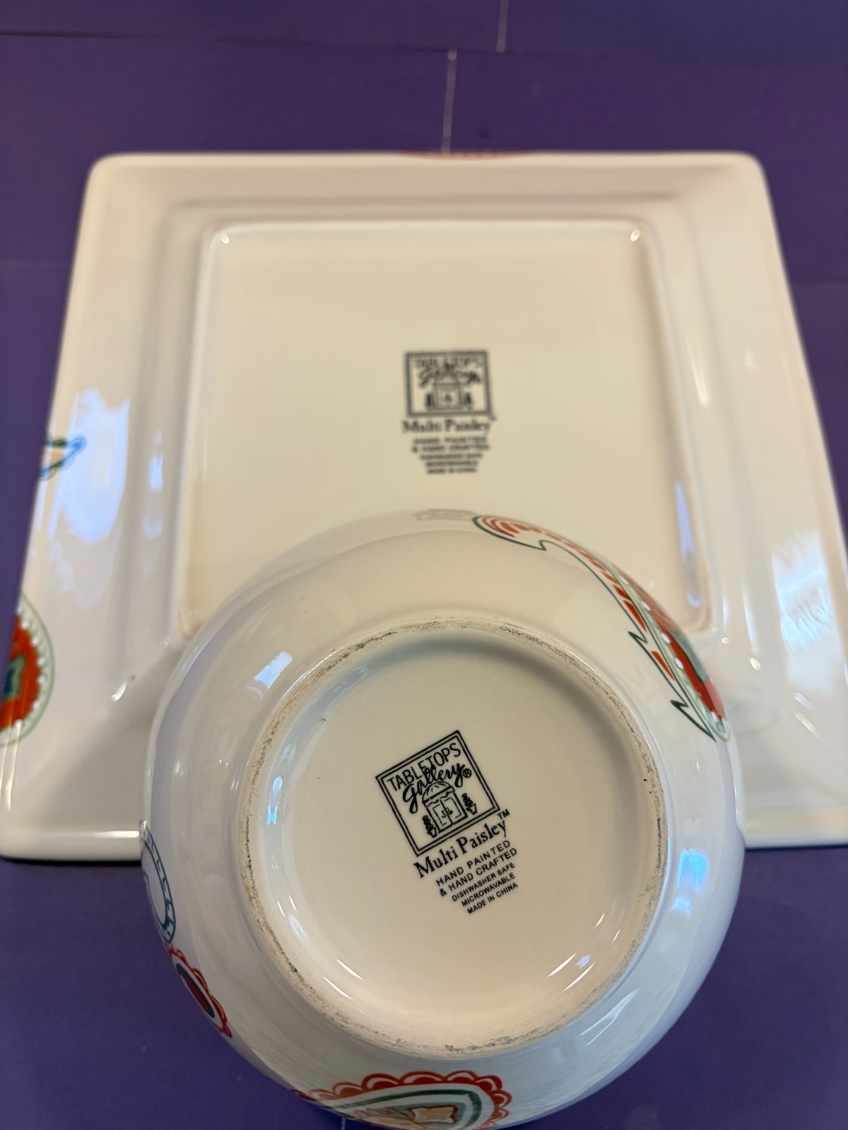 Tabletops Gallery MISTO MULTI PAISLEY Square Dinner Plate and Soup/Cereal Bowl