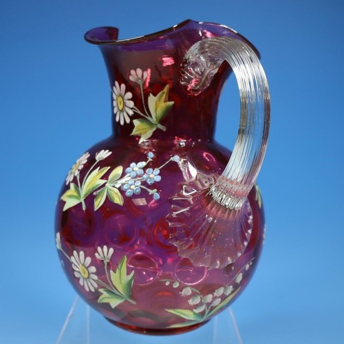 Antique Glass Cranberry Water Pitcher Enamel Painted Lily of the Valley Daisy - Bild 2 von 6