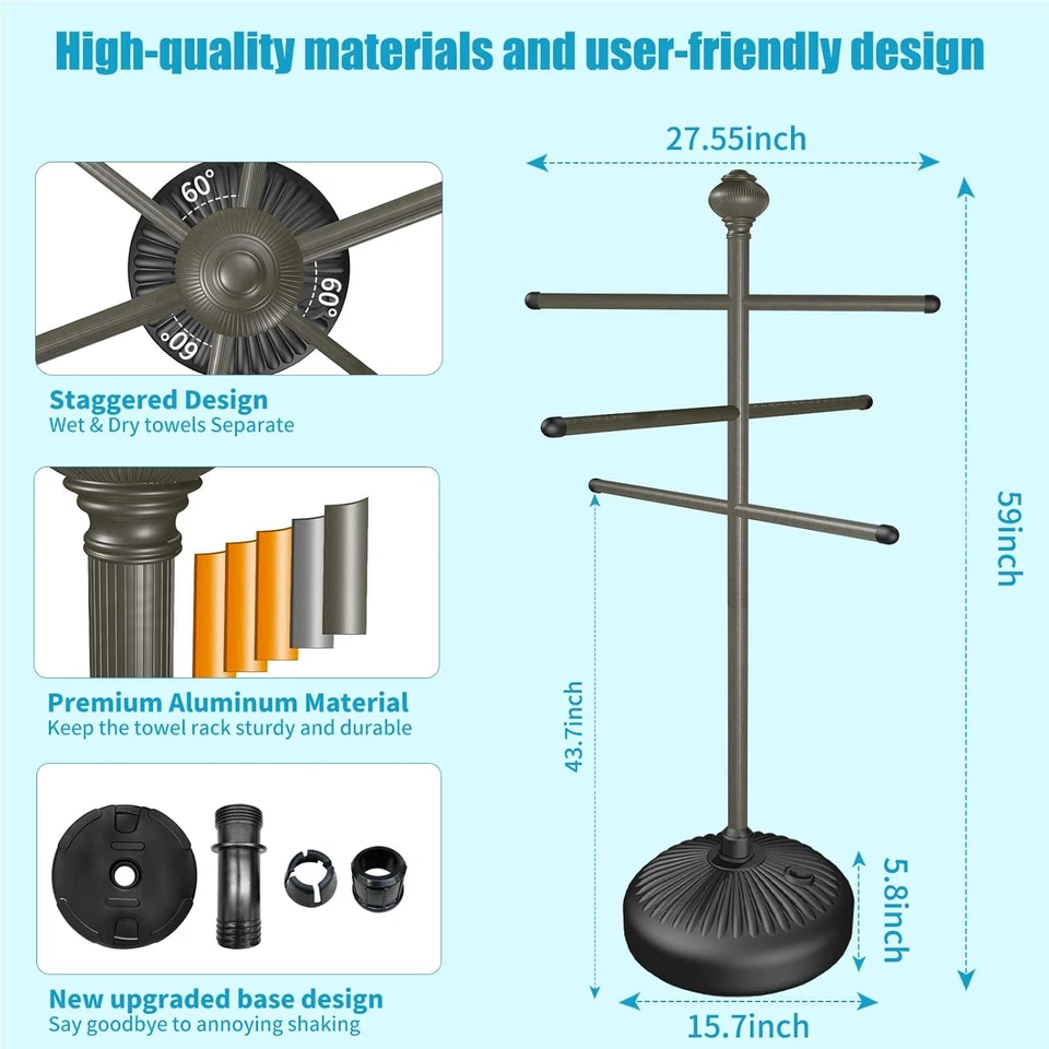 Toallero de piscina al aire libre 59 pulgadas soporte de metal con 3 barras ajustables para bañera de hidromasaje Foto 4 de 4