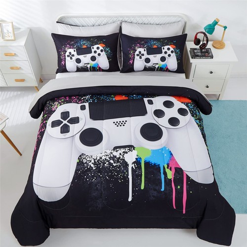 5 Piece Boys Queen Gamer Comforter Set with Sheets, 3D Colorful Video Game Co...