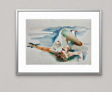 Original kleines Aquarell Kunstwerk - Ausdrucksstarke Studie auf Papier liegend Akt