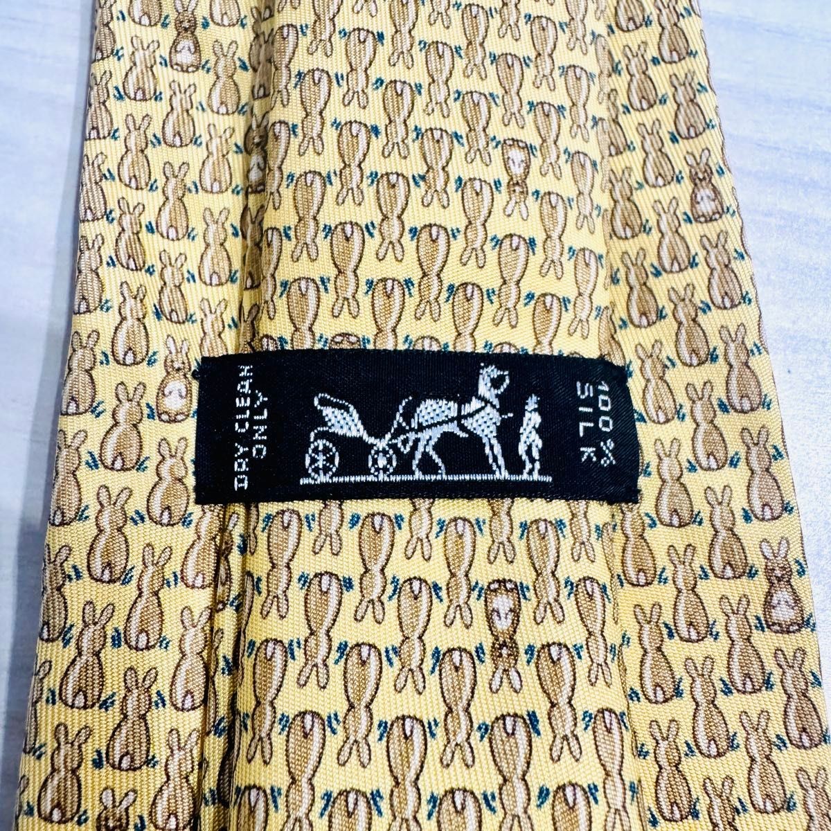 HERMES Tie 100 Silk Yellow Rabbit Pattern Business thumbnail 5
