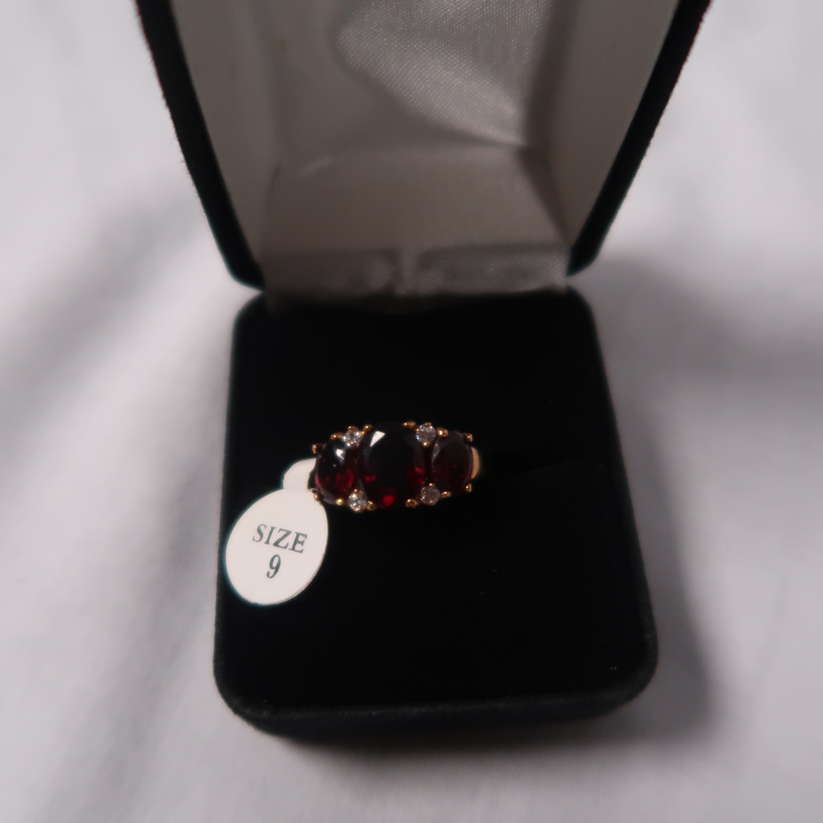 Three Stone Simulated Ruby Ring - Yellow Gold col… - image 7