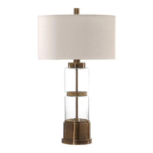 Industrial Table Lamp 31 1/4" Tall Antique Brass Glass Drum Shade Living Room - Picture 3 of 4