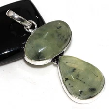 925 Silver Plated Moss Prehnite Ethnic Long Pendant Jewelry Size 2" JW