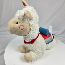 FAO Schwarz Llama Alpaca Plush Furry White Laying With Rainbow Blanket 12"