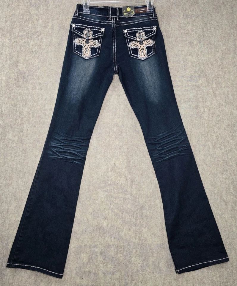 ViVi Diva Womens Dark Wash Bootcut Jeans Size 7 Rhinestone Detail Cotton Blend - Image 2 of 4