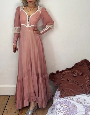 Vintage 60er 70er Black Label Ära Gunne Sax Pink Prinzessin Maxi Prärie Kleid
