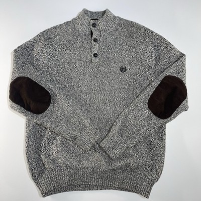 Chaps Sweater Men's Large Henley Pullover Gray Cotton Knit Elbow Patches Grandpa