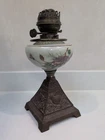Antique T. Rowatt & Sons Painted Milk Glass Oil Lamp On Ornate Metal Base