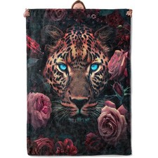 Leopard Blanket Flannel Throw Blankets Blue Eyed Wild Cat with Rose Floral Li...