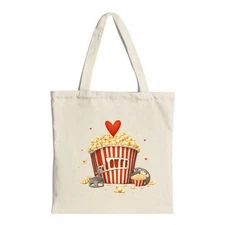Cute Popcorn Tote Bag - Red & White Stripes Heart Design Perfect for Cinema 
