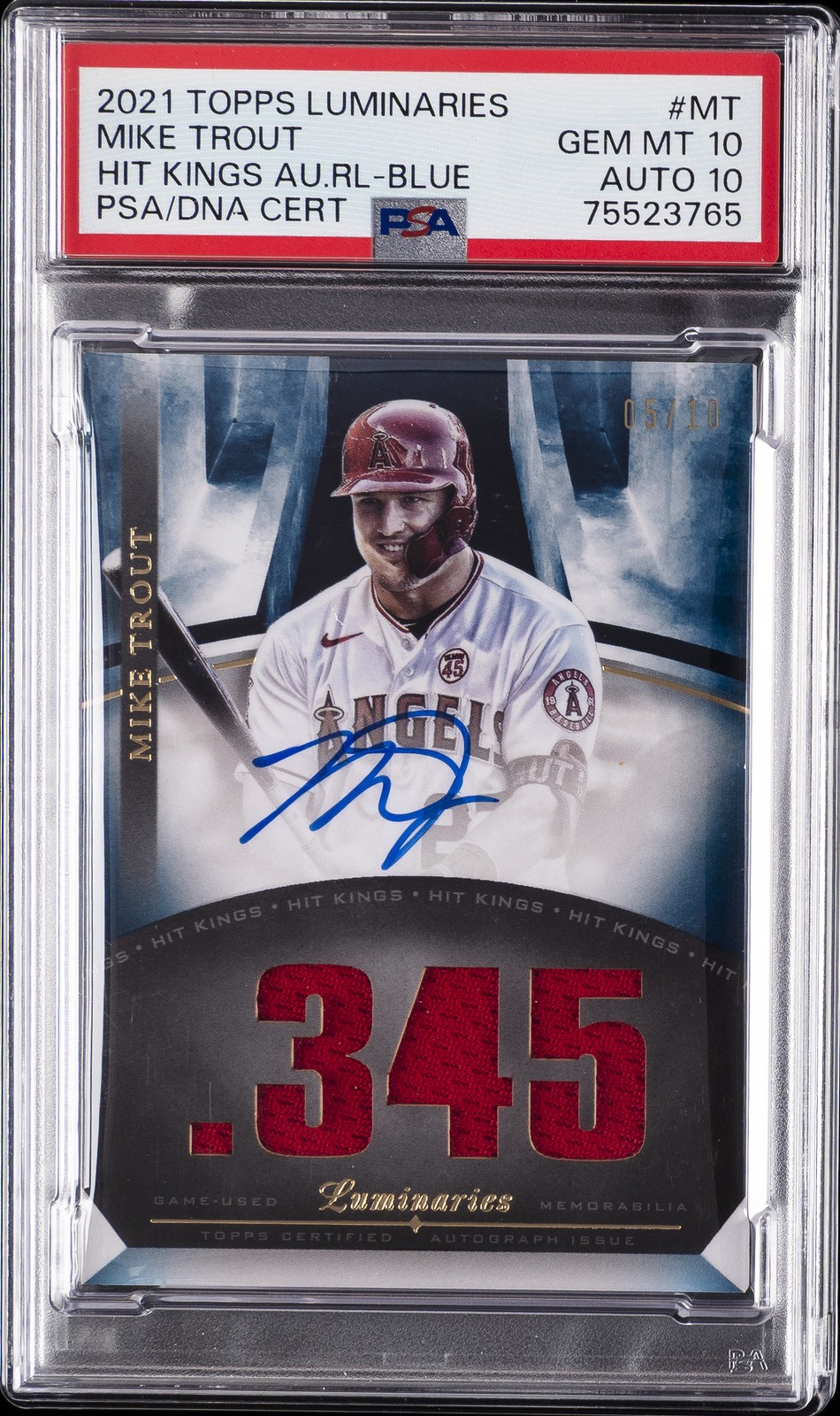 2021 TOPPS LUMINARIES HIT KINGS AUTO RELICS BLUE MIKE TROUT 5/10 PSA 10 AUTO 10 view 1