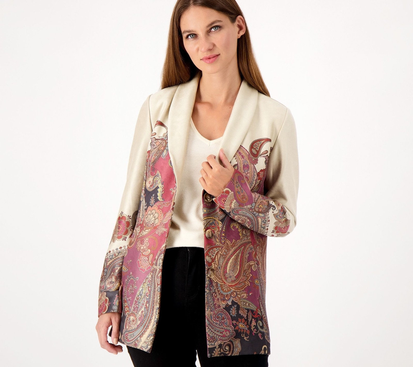 Susan Graver Women's Jacket Sz L Printed Suede Shawl Collar Multi-colored