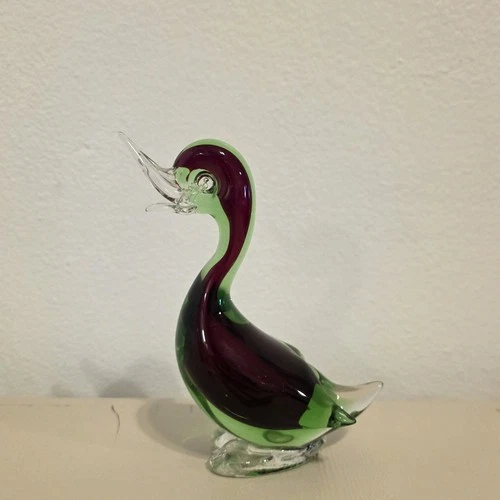 Vintage Art Glass Duck Figurine Red and Green Hand Blown Murano Style