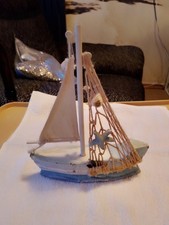 7-inch Model Sailing Boat Interesting Rigging With Real Sea Shore Shells. Wood.