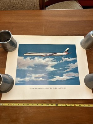 Delta Air Lines Douglas Super DC-8 Jetliner Lithograph Print 16x20 Vintage