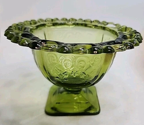 Vintage Indiana Glass 1960s Lorain Avocado Green 5" Pedestal Compote/Candy Dish