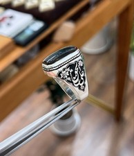 Black Agate Aqeeq Ring: Handmade 925 Sterling Silver Mens Ring
