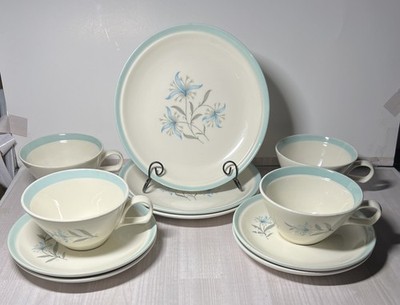 4 Cunningham & Pickett Avalon Pattern Aqua Trim Cups Saucers & 3 Dessert Plates