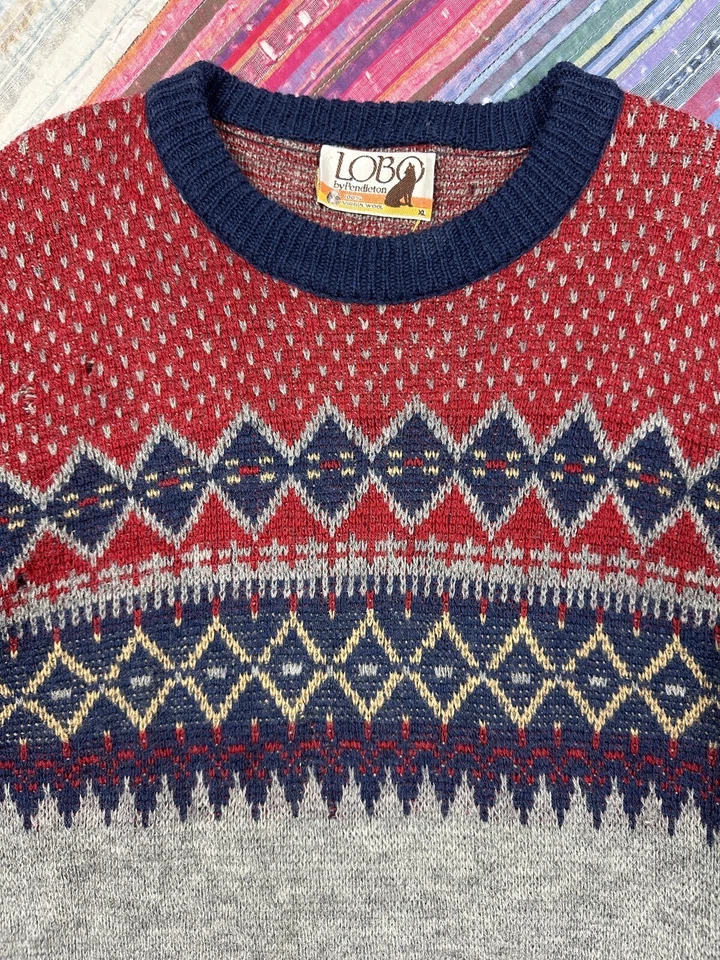 Vtg LOBO by Pendleton 100% Virgin Wool Men’s Fair Isle Winter Ski Sweater Sz XL - Image 2 of 4