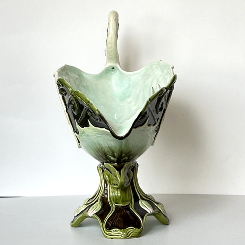 Antique Majolica Vase Center Piece Jardiniere Julius Dressler Heron Fish 1900s - Picture 11 of 24