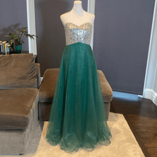 Women s Green Silver Full Length Prom Party Dress CorsetBack Size L NEW