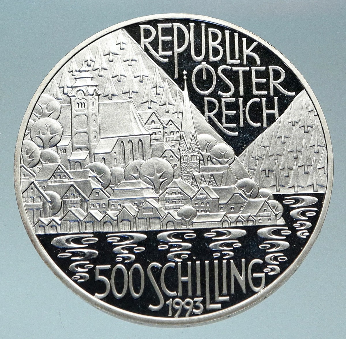 1993 AUSTRIA Hallstatt Town LAKE BOATS Proof Silver 500 Schilling
