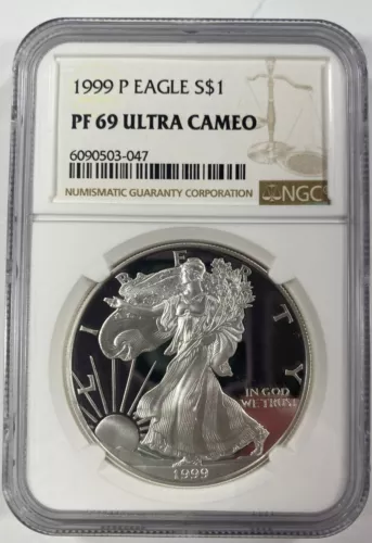 1999-P $1 Silver American Eagle Proof Graded by NGC as PF69 Ultra Cameo