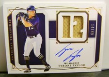 TYRONE TAYLOR RC #14 /49 AUTO PLAYER WORN RELIC PANINI NATIONAL TREASURES 2020