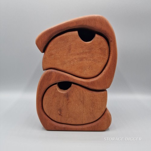 Vintage Mid Century Modern Bandsaw Brown Wooden Puzzle Jewelry Box Two Drawers