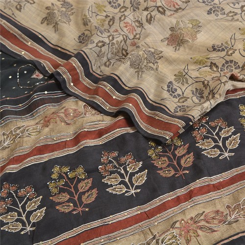 Sanskriti Vintage Sarees Ivory Hand Beaded Pure Crepe Silk Printed Sari Fabric - Picture 2 of 9