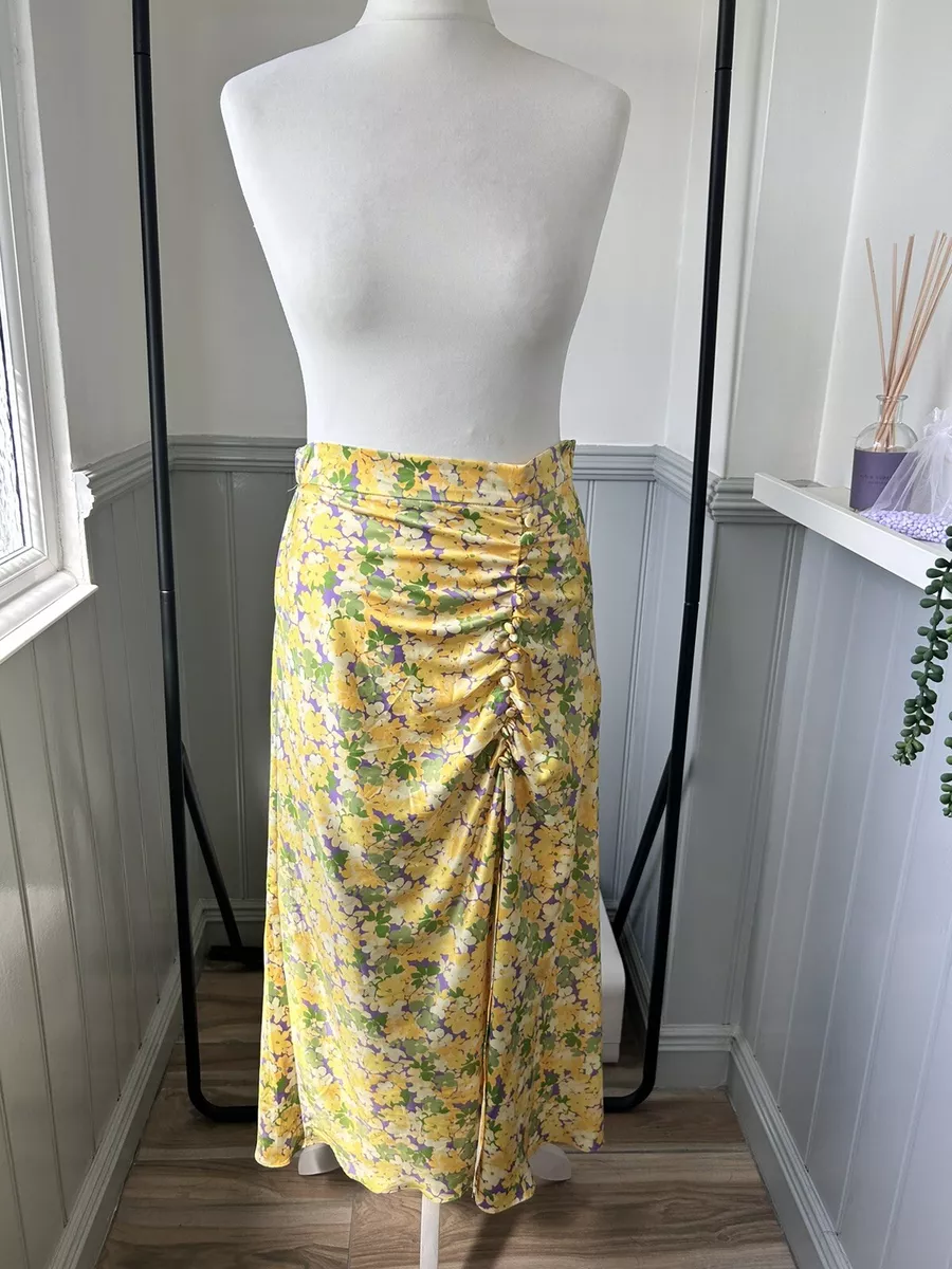 Bershka Skirt L Yellow Floral Satin Midi Skirt With Leg Slit Ruched Buttons New