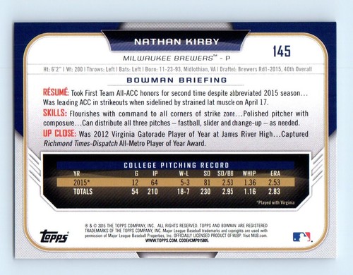 2015 Bowman Draft Nathan Kirby Milwaukee Brewers #145 - Picture 2 of 2